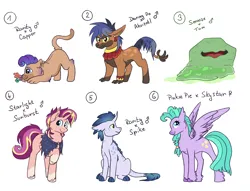 Size: 1700x1300 | Tagged: safe, artist:ruushiicz, derpibooru import, oc, oc:bob, oc:evening glint, oc:royal blue, oc:seashell, oc:singular, oc:tepoz, unofficial characters only, dracony, hybrid, pony, unicorn, blaze (coat marking), cargo ship offspring, coat markings, facial markings, female, flower, horn, image, interspecies offspring, magical lesbian spawn, male, mare, offspring, parent:ahuizotl, parent:capper, parent:capper dapperpaws, parent:daring do, parent:pinkie pie, parent:princess skystar, parent:rarity, parent:smooze, parent:spike, parent:starlight glimmer, parent:sunburst, parent:tom, parents:capperity, parents:darizotl, parents:skypie, parents:sparity, parents:starburst, png, simple background, socks (coat marking), stallion, white background