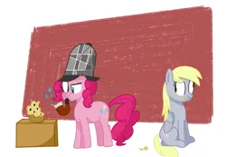 Size: 1651x1142 | Tagged: safe, artist:snowmare, derpibooru import, derpy hooves, pinkie pie, pony, g4, blueberry, box, bubble, crime scene, crumbs, detective, duo, female, food, image, mare, muffin, pipe, png, ponk, sherlock pie, sitting