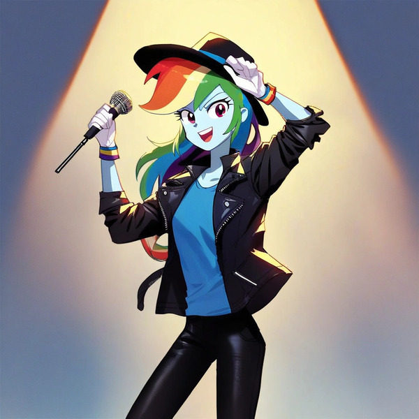 Size: 1024x1024 | Tagged: safe, ai content, derpibooru import, machine learning generated, prompter:hollaholla69, rainbow dash, human, equestria girls, g4, fedora, female, hat, image, jpeg, michael jackson, microphone, solo, stage