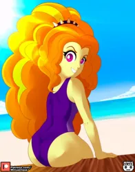 Size: 704x900 | Tagged: suggestive, artist:minusclass, derpibooru import, adagio dazzle, human, equestria girls, g4, adagio dat-azzle, beach, clothes, female, grin, image, jpeg, looking at you, ocean, one-piece swimsuit, patreon, patreon logo, smiling, smiling at you, solo, solo female, swimsuit, water