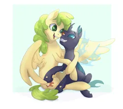 Size: 2675x2375 | Tagged: safe, artist:shaslan, derpibooru import, oc, unofficial characters only, changeling, pegasus, pony, carapace, changeling oc, colored pupils, commission, duo, fangs, green eyes, green mane, green pupils, green tail, heterochromia, hug, image, looking at each other, looking at someone, one wing out, open mouth, open smile, passepartout, pegasus oc, png, raised hoof, shiny mane, shiny tail, sitting, smiling, tail, wings, yellow coat