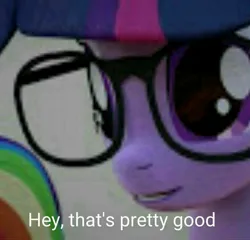 Size: 1600x1538 | Tagged: safe, artist:creatorofpony, derpibooru import, edit, rainbow dash, twilight sparkle, twilight sparkle (alicorn), ponified, alicorn, pegasus, pony, g4, 3d, blender, caption, female, glasses, hey that's pretty good, idubbbz, image, image macro, jpeg, mare, meme, needs more jpeg, reaction image, solo focus, text