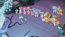 Size: 1434x812 | Tagged: safe, derpibooru import, screencap, applejack, flash magnus, fluttershy, meadowbrook, mistmane, pinkie pie, rainbow dash, rarity, rockhoof, somnambula, spike, star swirl the bearded, starlight glimmer, sunburst, twilight sparkle, twilight sparkle (alicorn), alicorn, dragon, earth pony, pegasus, pony, unicorn, g4, shadow play, female, image, male, mane seven, mane six, mare, pillars of equestria, png, stallion