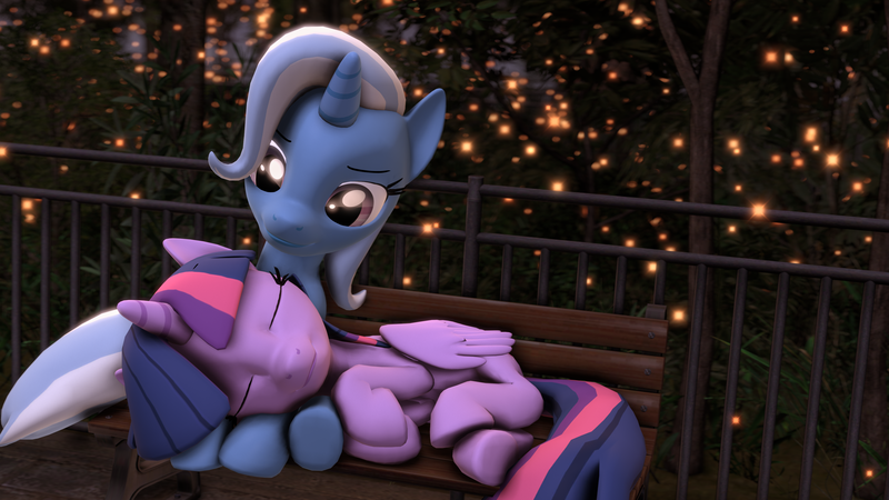 Size: 3840x2160 | Tagged: safe, artist:xppp1n, derpibooru import, trixie, twilight sparkle, twilight sparkle (alicorn), alicorn, pony, g4, 3d, bench, female, high res, image, lesbian, png, shipping, source filmmaker, tree, twixie