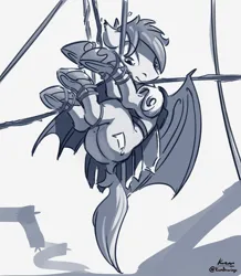 Size: 1915x2200 | Tagged: suggestive, artist:kam, derpibooru import, oc, unofficial characters only, bat pony, pony, armor, cutie mark, dock, image, png, solo, suspended, tangled up, wings