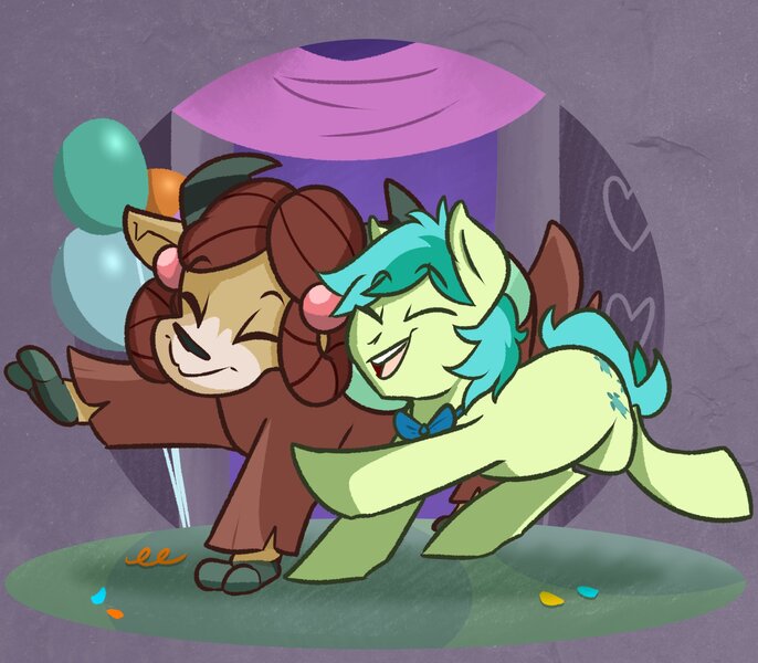 Size: 1874x1638 | Tagged: safe, artist:modularpon, derpibooru import, sandbar, yona, earth pony, pony, yak, g4, she's all yak, bowtie, cloven hooves, cute, dancing, digital art, duo, duo male and female, eyes closed, female, image, jpeg, male, monkey swings, sandabetes, shipping, smiling, straight, yonabar, yonadorable