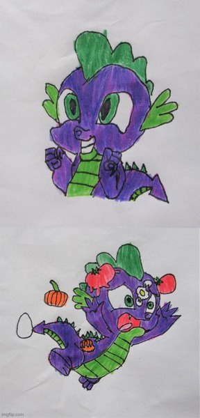 Size: 500x1043 | Tagged: safe, artist:and now... a derpibooru user, derpibooru import, spike, dragon, g4, horse play, it ain't easy being breezies, abuse, drawing, egg, food, image, jpeg, pumpkin, scene interpretation, solo, spikeabuse, tomato, tomatoes