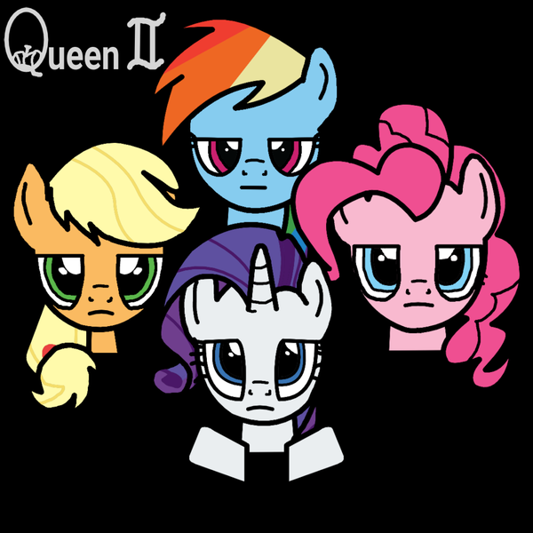 Size: 1000x1000 | Tagged: safe, artist:starless, derpibooru import, applejack, pinkie pie, rainbow dash, rarity, ponified, pony, g4, album cover, derpibooru exclusive, female, image, mare, png, ponified album cover, queen (band), queen ii, rock (music)