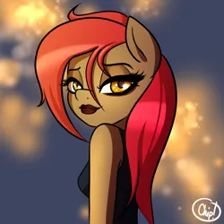 Size: 1333x1333 | Tagged: safe, artist:plaguemare, derpibooru import, oc, oc:dala vault, unofficial characters only, anthro, earth pony, pony, bedroom eyes, clothes, eyelashes, female, glowing eyes, image, leotard, lipstick, looking at you, makeup, mare, png, red mane, solo