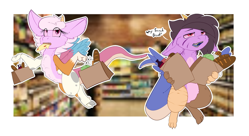 Size: 2393x1304 | Tagged: safe, artist:conmanwolf, derpibooru import, oc, oc:scraps, oc:stitches, unofficial characters only, draconequus, bread, food, image, png, siblings