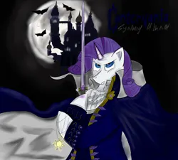 Size: 3000x2700 | Tagged: safe, artist:ponyjhooves, derpibooru import, rarity, bat, semi-anthro, unicorn, g4, alucard (castlevania), arm hooves, castle, castlevania, clothes, crossover, high res, image, jewelry, jpeg, moon, pendant, serious, serious face, solo, sword, weapon