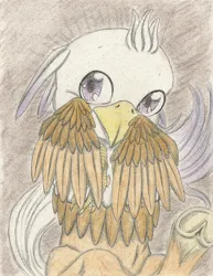 Size: 1741x2252 | Tagged: safe, artist:cindertale, derpibooru import, oc, oc:silver quill, unofficial characters only, hippogriff, cute, frog (hoof), hippogriff oc, image, jpeg, ocbetes, smiling, solo, traditional art, underhoof, wings