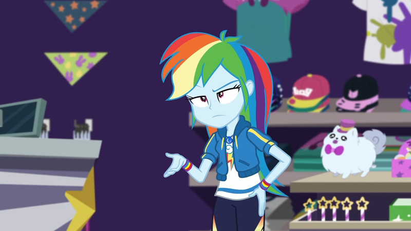 Size: 3410x1920 | Tagged: safe, derpibooru import, screencap, rainbow dash, equestria girls, g4, clothes, cutie mark, cutie mark on clothes, dashing through the mall, equestria girls specials, female, geode of super speed, hand on hip, hoodie, image, jewelry, jpeg, magical geodes, my little pony equestria girls: better together, my little pony equestria girls: holidays unwrapped, necklace, rainbow dash is not amused, solo, unamused