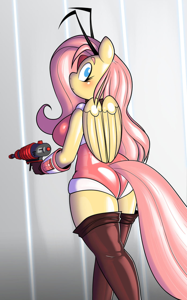 Size: 800x1280 | Tagged: suggestive, artist:belaboy, derpibooru import, fluttershy, anthro, latex pony, original species, pegasus, pony, rubber pony, g4, antennae, ass, blushing, breasts, busty fluttershy, butt, choker, chokershy, clothes, cute, female, flutterbutt, folded wings, gloves, image, latex, looking over shoulder, mare, png, raygun, rubber, shiny, shy, shyabetes, simple background, socks, solo, thigh highs, wings, wrong eye color, zettai ryouiki