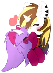 Size: 1272x1730 | Tagged: safe, artist:pasteldraws, artist:sroka001, derpibooru import, oc, oc:aki, oc:srok, pony, succubus, unicorn, blushing, choker, clothes, couple, cuddling, cute, ear piercing, earring, fluffy mane, freckles, heart, horns, image, jacket, jewelry, love, piercing, png, shipping, simple background, smiling, transparent background