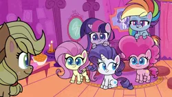 Size: 1920x1080 | Tagged: safe, derpibooru import, screencap, applejack, fluttershy, pinkie pie, rainbow dash, rarity, twilight sparkle, twilight sparkle (alicorn), alicorn, earth pony, pegasus, pony, unicorn, g4, my little pony: pony life, applejack's hat, cowboy hat, female, hat, image, mane six, mare, png, sitting, teeth, the de-stress ball