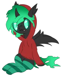 Size: 1524x1882 | Tagged: safe, artist:pasteldraws, derpibooru import, oc, oc:ice, unofficial characters only, changeling, pony, clothes, fangs, fluffy mane, freckles, green changeling, hoodie, image, png, simple background, socks, solo, transparent background