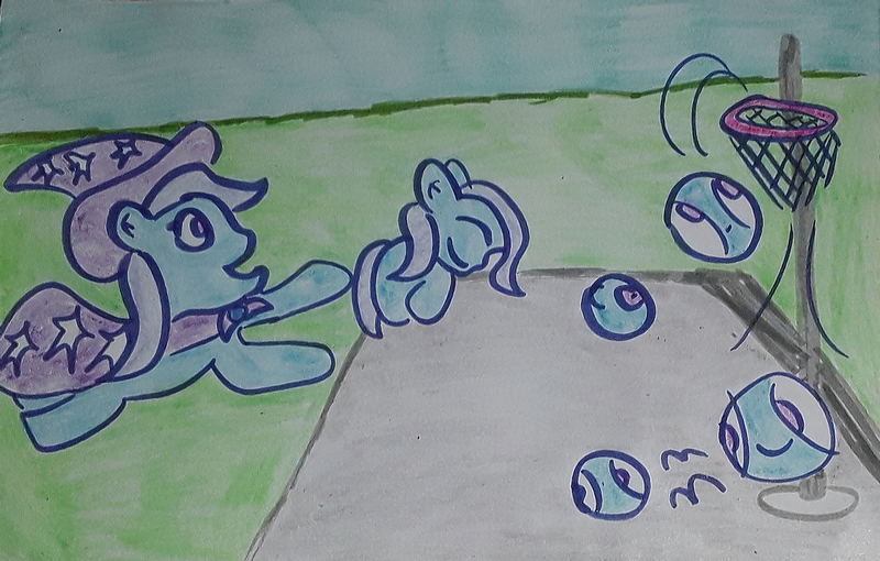 Size: 1280x816 | Tagged: safe, artist:dex stewart, derpibooru import, trixie, pony, unicorn, g4, basketball, basketball hoop, basketball net, bouncing, cape, clothes, female, hat, image, jpeg, mare, morph ball, solo, sports, traditional art, transformation, trixie's cape, trixie's hat, trixieball