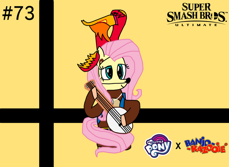 Size: 2355x1718 | Tagged: artist needed, safe, derpibooru import, fluttershy, philomena, pegasus, phoenix, pony, g4, banjo, banjo kazooie, banjo the bear, crossover, female, image, kazooie, mare, musical instrument, png, super smash bros ultimate, super smash bros.