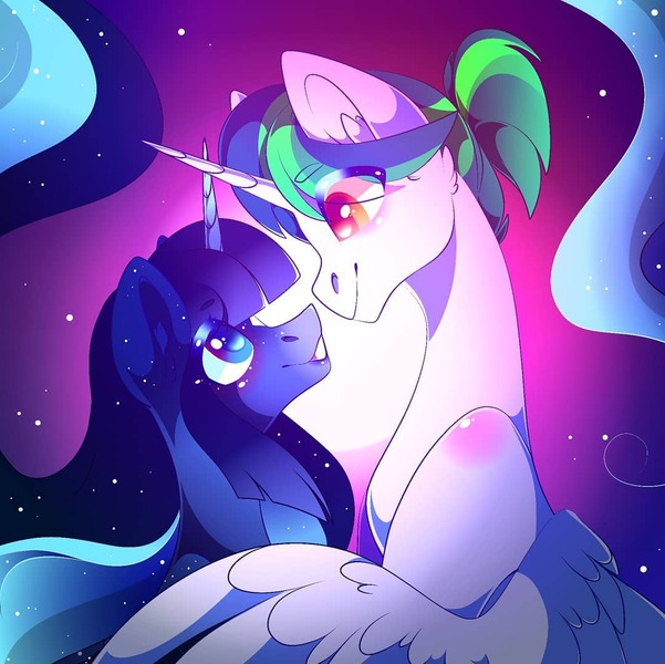 Size: 1080x1078 | Tagged: safe, artist:tessa_key_, derpibooru import, princess celestia, princess luna, alicorn, pony, g4, bust, crossed horns, duo, eyelashes, female, horn, horns are touching, image, jpeg, mare, royal sisters, siblings, signature, sisters, smiling, wings