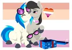 Size: 4500x3150 | Tagged: safe, artist:amaraburrger, derpibooru import, octavia melody, vinyl scratch, earth pony, pony, unicorn, g4, couple, cute, duo, female, high res, image, lesbian, lesbian pride flag, lineless, love, mare, png, present, pride, pride flag, scratchtavia, shipping, snuggling