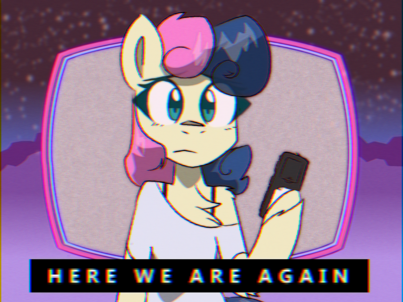 Size: 1600x1200 | Tagged: safe, artist:provolonepone, derpibooru import, bon bon, sweetie drops, anthro, earth pony, pony, g4, 80s, chromatic aberration, clothes, female, image, looking at you, mare, png, remote control, sad, simple background, solo, vaporwave