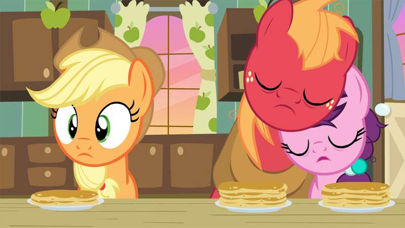 Size: 1920x1080 | Tagged: safe, artist:agrol, derpibooru import, applejack, big macintosh, sugar belle, earth pony, pony, unicorn, g4, brother and sister, cowboy hat, digital art, eyes closed, female, food, freckles, hat, image, jpeg, male, mare, messy mane, morning, morning ponies, most sweet apple, pancakes, shipping, siblings, sleeping, sleeping together, snoring, stallion, straight, sugarmac