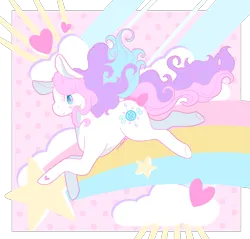 Size: 2437x2328 | Tagged: safe, artist:kirakiracalico, derpibooru import, precious gem, earth pony, pony, g3, bow, cloud, female, heart, heart eyes, high res, image, kidcore, mare, png, rainbow, simple background, solo, stars, tail bow, transparent background, wingding eyes