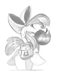 Size: 1280x1646 | Tagged: safe, artist:talonsofwater, derpibooru import, apple bloom, earth pony, pony, g4, adorabloom, apple, bag, cute, female, filly, food, herbivore, image, jpeg, saddle bag, sketch, solo