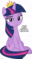 Size: 500x934 | Tagged: safe, artist:jhayarr23, derpibooru import, edit, twilight sparkle, twilight sparkle (alicorn), alicorn, pony, g4, crown, hey kiddo, image, jewelry, jpeg, kiddo, looking at you, meme, new crown, palindrome get, regalia, simple background, solo, white background