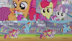 Size: 1280x720 | Tagged: safe, derpibooru import, edit, edited screencap, editor:quoterific, screencap, amber waves, apple bloom, berry punch, berryshine, carrot top, cherry berry, crystal arrow, crystal beau, daisy, elbow grease, fleur de verre, flower wishes, golden harvest, ivory, ivory rook, lemon hearts, meadow song, night knight, paradise (crystal pony), rainbow dash, royal riff, rubinstein, sapphire joy, sassaflash, scootaloo, sea swirl, seafoam, sweetie belle, earth pony, pegasus, pony, unicorn, flight to the finish, g4, season 4, ^^, adorabloom, apple bloom's bow, bow, cute, cutealoo, cutie mark crusaders, diasweetes, eyes closed, female, filly, flying, hair bow, image, jpeg, mare, open mouth, paradise (g4), rainbow dash is not amused, smiling, unamused