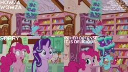 Size: 1280x720 | Tagged: safe, derpibooru import, edit, edited screencap, editor:quoterific, screencap, cup cake, pinkie pie, starlight glimmer, earth pony, pony, unicorn, g4, no second prances, season 6, cake, candy, cup cake is not amused, female, food, frown, gritted teeth, image, lollipop, magic, mare, open mouth, open smile, png, smiling, sugarcube corner, talking, telekinesis, trio, trio female, unamused, wide eyes