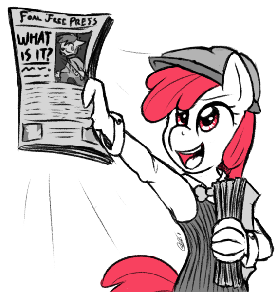 Size: 956x1008 | Tagged: safe, artist:ketirz, derpibooru import, apple bloom, anthro, earth pony, g4, female, hat, image, newsboy hat, newspaper, png, solo