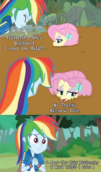 Size: 1307x2209 | Tagged: safe, derpibooru import, edit, edited edit, fluttershy, rainbow dash, equestria girls, equestria girls series, fluttershy's butterflies, g4, crying, dashing through the mall, engrish, equestria girls specials, fluttershy's butterflies: applejack, geode of super speed, image, jpeg, magical geodes, mud, my little pony equestria girls: better together, my little pony equestria girls: holidays unwrapped, not salmon, quicksand, shitposting, wat