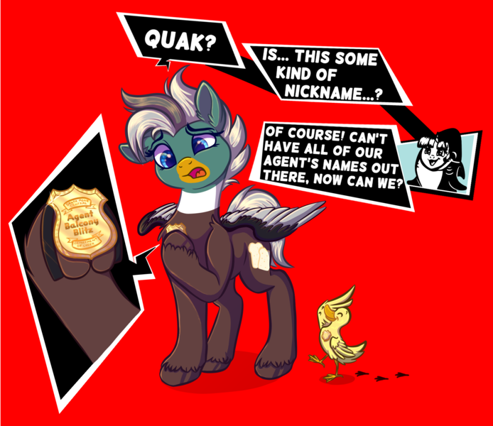 Size: 1850x1600 | Tagged: safe, artist:banoodle, derpibooru import, oc, oc:dolan, oc:duk, oc:santa pone, bird, duck, badge, comic, confused, image, persona 5, png, quack