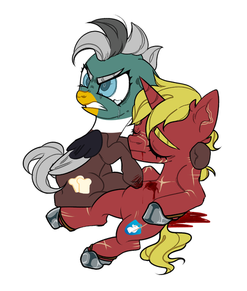 Size: 1346x1579 | Tagged: artist needed, semi-grimdark, derpibooru import, oc, oc:duk, oc:steel prism, duck pony, original species, pony, unicorn, angry, blood, crying, duo, duo female, female, gritted teeth, how could you do such a horrible thing?, image, injured, png, tears of anger, teeth