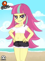 Size: 1920x2600 | Tagged: safe, artist:theminus, derpibooru import, sour sweet, human, equestria girls, g4, beach, belly button, breasts, clothes, cloud, confident, delicious flat chest, denim shorts, exposed belly, female, freckles, hand on hip, image, jpeg, long hair, looking at you, midriff, multicolored hair, off shoulder, purple eyes, sand, sharp teeth, shirt, short shirt, shorts, show accurate, smiling, solo, sour flat, teeth, tomboy, water, watermark, yellow skin