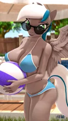 Size: 1080x1920 | Tagged: suggestive, artist:anthroponiessfm, derpibooru import, oc, oc:flushie, unofficial characters only, anthro, pegasus, 3d, adorasexy, beach ball, big breasts, bikini, bikini bottom, bikini top, breasts, cleavage, clothes, cute, female, image, looking at you, pegasus oc, png, sexy, solo, solo female, source filmmaker, sunglasses, swimsuit, wings