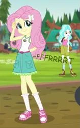 Size: 451x720 | Tagged: safe, derpibooru import, edit, edited screencap, editor:thedarkpony, screencap, fluttershy, equestria girls, g4, camp everfree outfits, clothes, cropped, fart, fart edit, fart noise, female, image, my little pony equestria girls: legend of everfree, onomatopoeia, png, skirt, sound effects