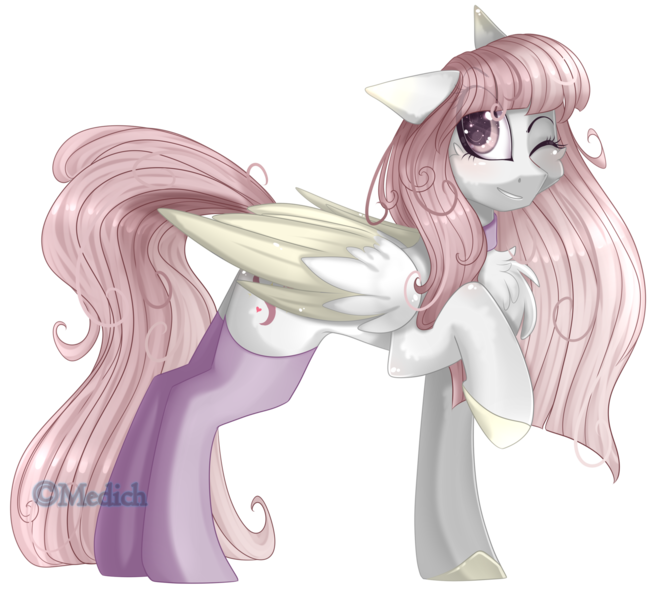 Size: 2430x2237 | Tagged: safe, artist:mediasmile666, derpibooru import, oc, unofficial characters only, pegasus, pony, choker, clothes, colored hooves, female, floppy ears, high res, image, mare, one eye closed, png, raised hoof, simple background, smiling, socks, solo, standing, thigh highs, transparent background, two toned wings, wings, wink