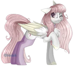 Size: 2430x2237 | Tagged: safe, artist:mediasmile666, derpibooru import, oc, unofficial characters only, pegasus, pony, choker, clothes, colored hooves, female, floppy ears, high res, image, mare, one eye closed, png, raised hoof, simple background, smiling, socks, solo, standing, thigh highs, transparent background, two toned wings, wings, wink