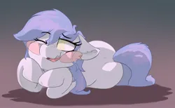 Size: 2146x1321 | Tagged: safe, artist:zzzsleepy, derpibooru import, oc, oc:chanter, ghost, ghost pony, pony, undead, blush sticker, blushing, female, floppy ears, image, jpeg, lying down, one eye closed, open mouth, simple background, solo, solo female, teeth, wavy mouth