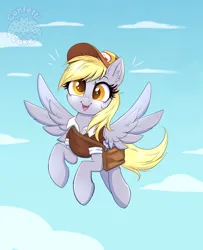 Size: 3253x4000 | Tagged: safe, alternate version, artist:confetticakez, derpibooru import, derpy hooves, pegasus, pony, g4, bag, clothes, cloud, cute, derpabetes, female, flying, hat, high res, image, jpeg, looking at you, mailbag, mailmare, mare, newbie artist training grounds, open mouth, open smile, outdoors, saddle bag, shirt, sky background, smiling, smiling at you, solo, spread wings, wings