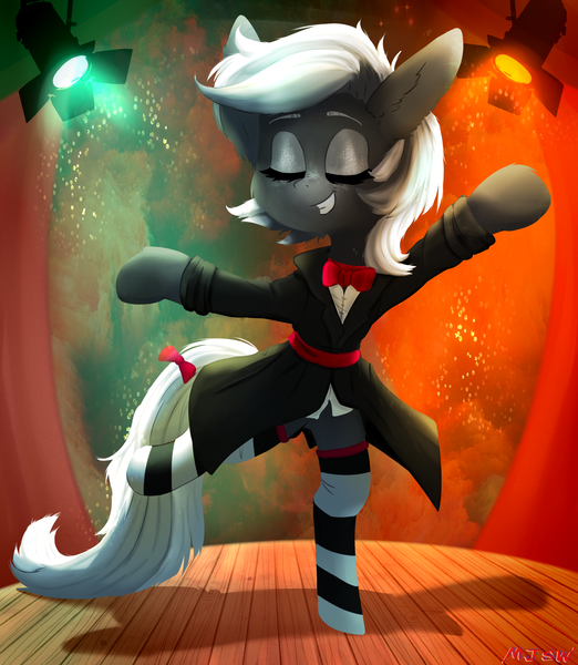 Size: 1810x2080 | Tagged: safe, artist:mjsw, derpibooru import, oc, unofficial characters only, earth pony, pony, clothes, dancing, female, image, lineless, mare, png, projector, scene, smiling, solo