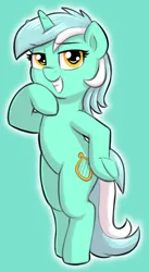 Size: 1112x2024 | Tagged: safe, artist:heretichesh, derpibooru import, lyra heartstrings, pony, unicorn, g4, bipedal, female, green background, hoof on hip, image, looking at you, mare, outline, png, simple background, smiling, smirk, smug, solo, teeth, underhoof