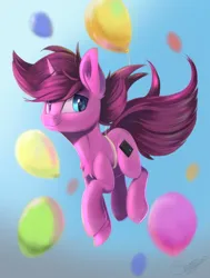 Size: 1280x1693 | Tagged: safe, artist:sketchiix3, derpibooru import, oc, oc:aurorafang, unofficial characters only, pony, unicorn, balloon, flying, image, jpeg, looking at you, party balloon, smiling