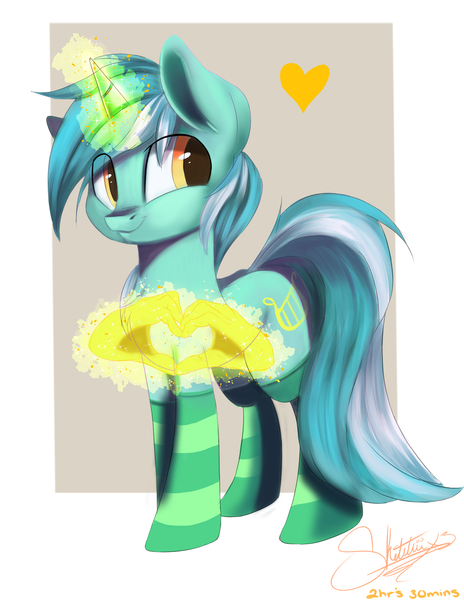 Size: 1448x1874 | Tagged: safe, artist:sketchiix3, derpibooru import, lyra heartstrings, pony, unicorn, g4, clothes, glowing horn, hand, heart, horn, image, magic, magic hands, png, socks, solo, striped socks