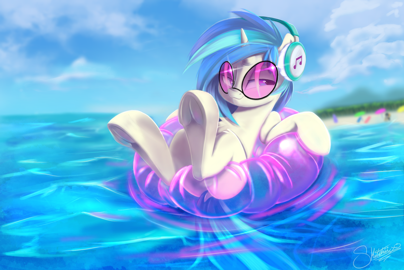 Size: 1852x1239 | Tagged: safe, artist:sketchiix3, derpibooru import, octavia melody, vinyl scratch, earth pony, pony, unicorn, g4, beach, chill, cloud, female, flowing tail, frog (hoof), glasses, headphones, image, inflatable toy, inner tube, mare, missing cutie mark, ocean, palm tree, png, sky, solo focus, summer, sunglasses, tail, tree, umbrella, underhoof, vinyl's glasses, vinyl's headphones, water