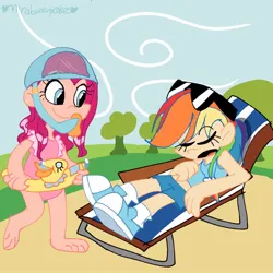 Size: 1000x1000 | Tagged: safe, artist:mirabuncupcakes15, derpibooru import, pinkie pie, rainbow dash, human, g4, too many pinkie pies, alternate hairstyle, barefoot, beach chair, chair, clothes, converse, eyes closed, feet, female, floaty, humanized, image, jpeg, multicolored hair, open mouth, rainbow hair, shoes, shorts, snorkel, socks, sunglasses, swimsuit, tanktop, tree, wet, wet hair