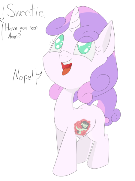 Size: 6000x8000 | Tagged: questionable, alternate version, artist:happy harvey, derpibooru import, sweetie belle, oc, oc:anonfilly, earth pony, pony, unicorn, g4, abdominal bulge, colored pupils, dialogue, female, filly, filly pred, filly prey, image, internal, lies, looking up, micro, offscreen character, phone drawing, png, simple background, size difference, stomach, sweetiepred, tongue out, transparent background, vore, x-ray